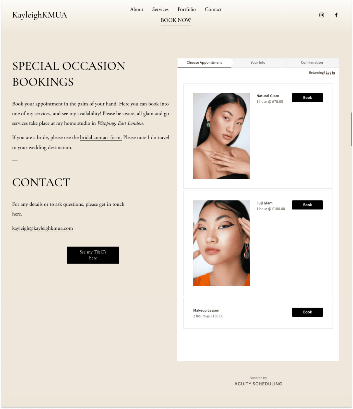 Kayleigh's makeup booking page