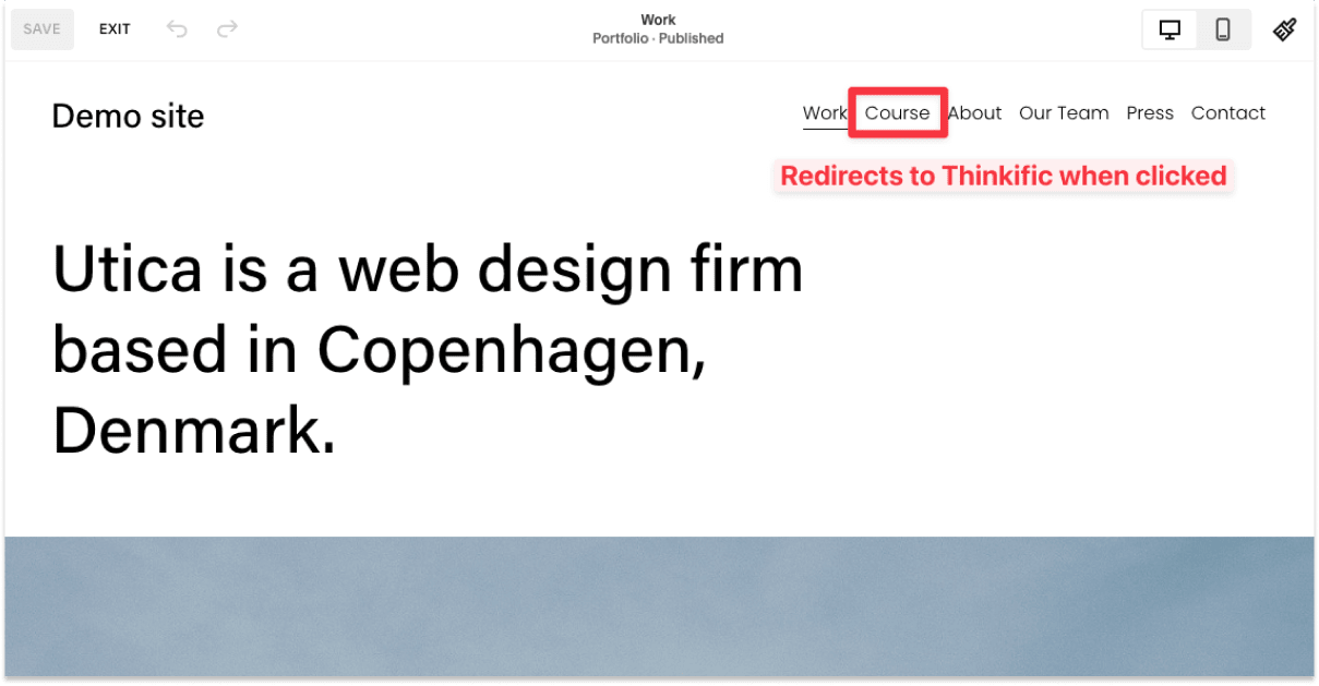 Demo Squarespace site with a Thinkific course link in the navigation