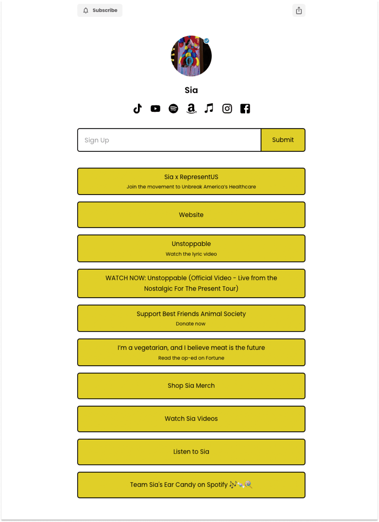 Sia's link in bio built using Beacons