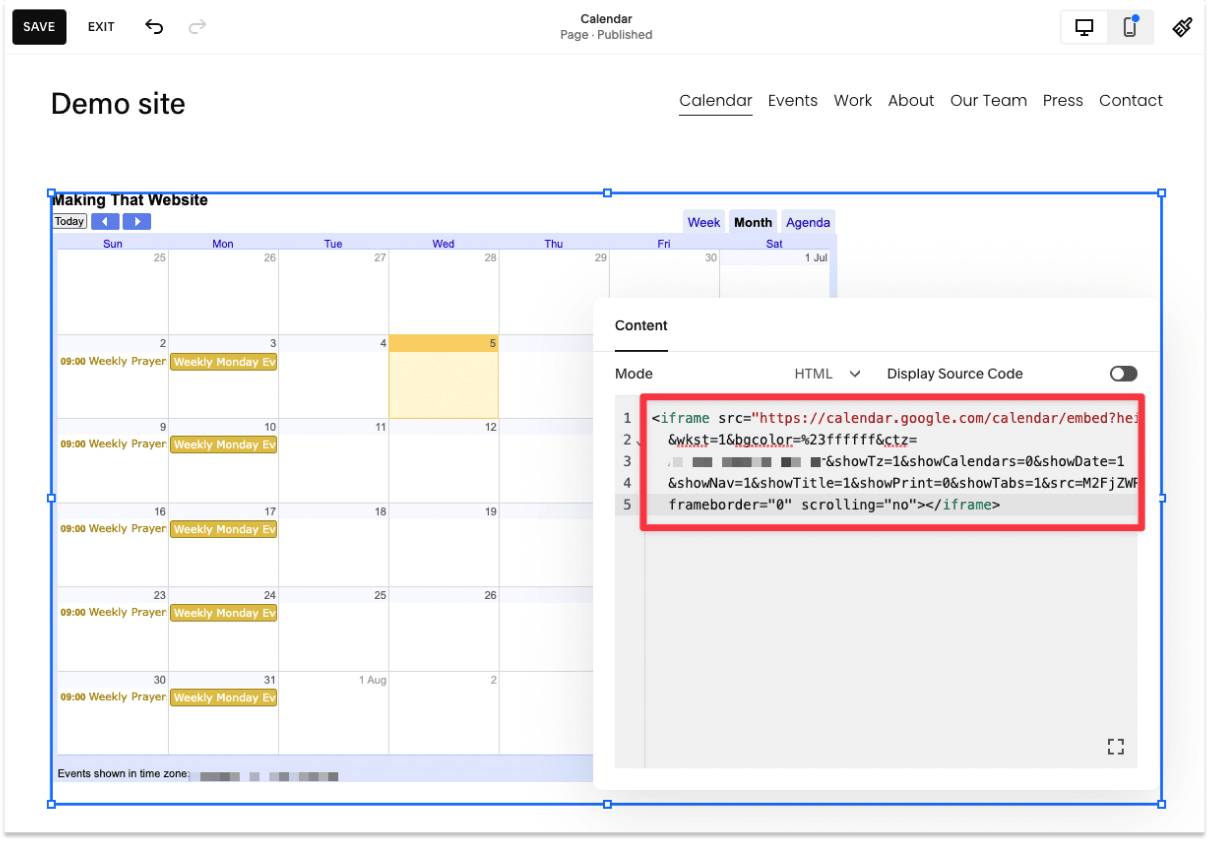 Add the google Calendar embed code into the block editor