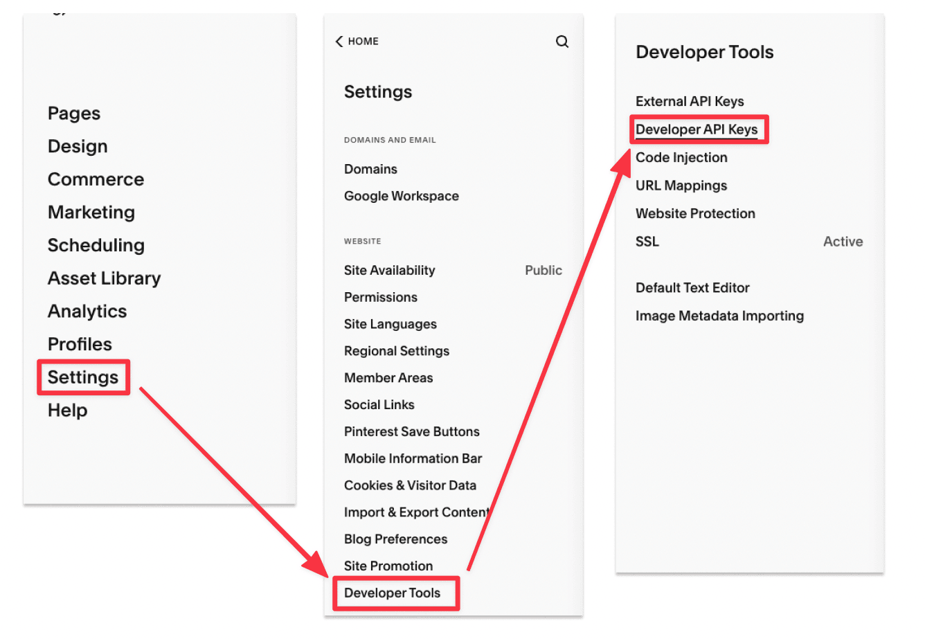 Locate API keys from Developer API Keys in Squarespace