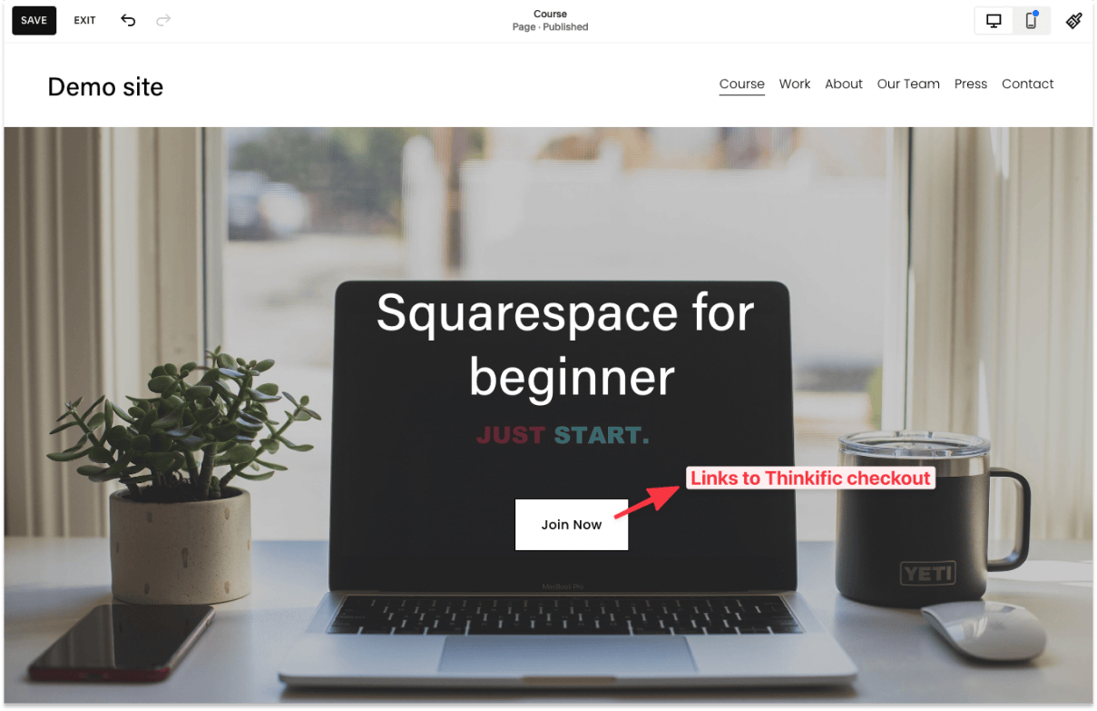  Squarespace course landing page that links to Thinkific checkout