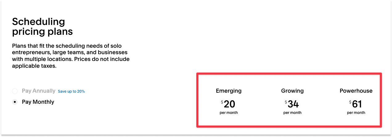 Squarespace scheduling price table