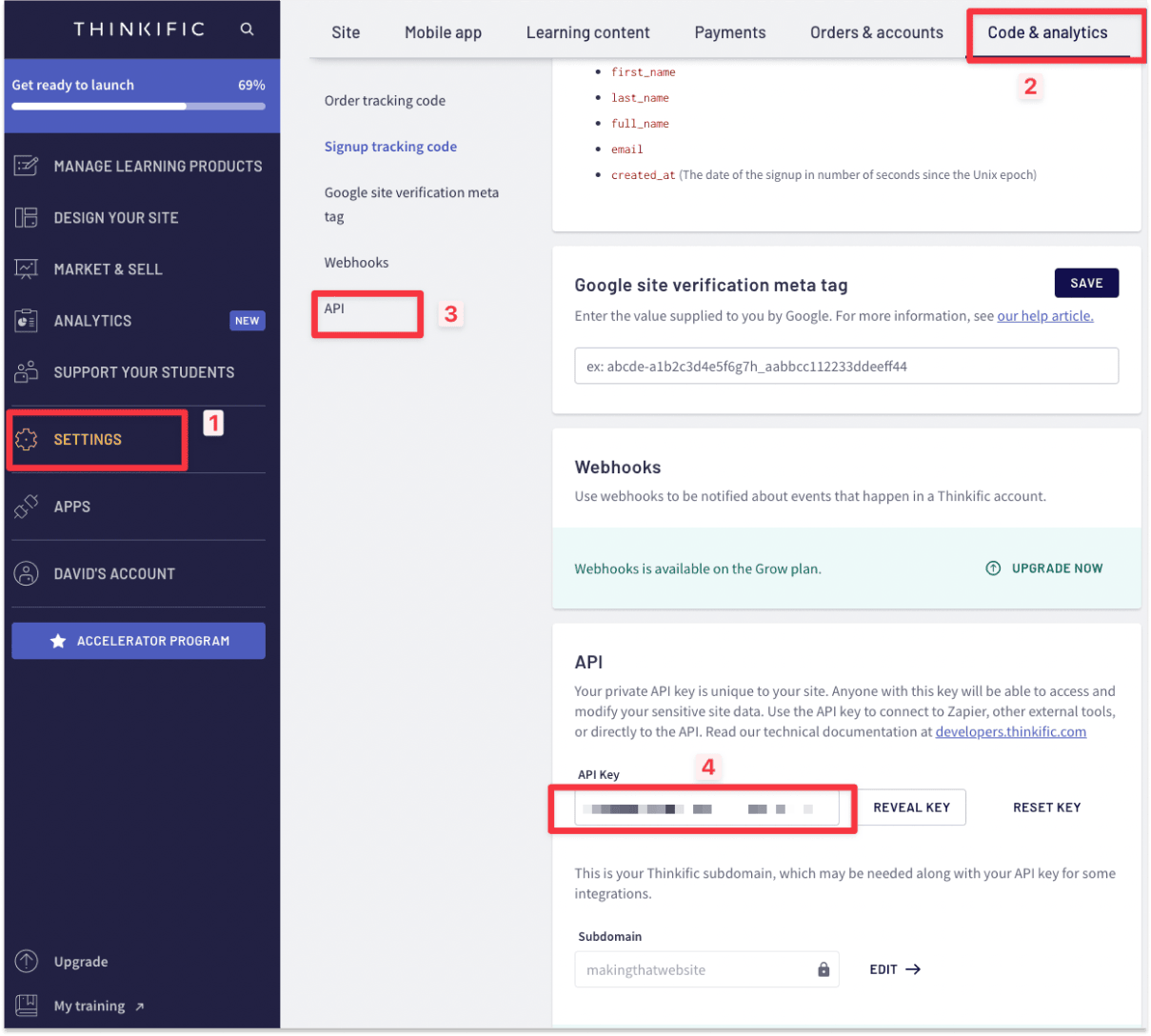 Locate the Thinkific API keys from the Code & analytics section