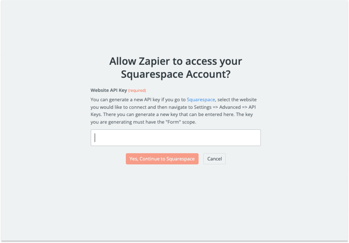Zapier requesting API keys from Squarespace