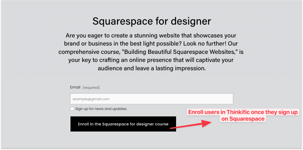 Demo: Squarespace sign-up form that enrolls new users in Thinkific