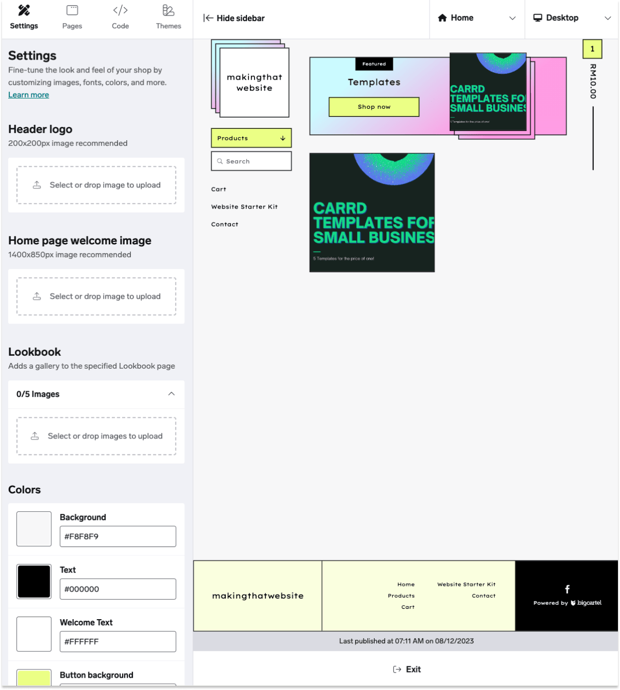 Page editor in BigCartel