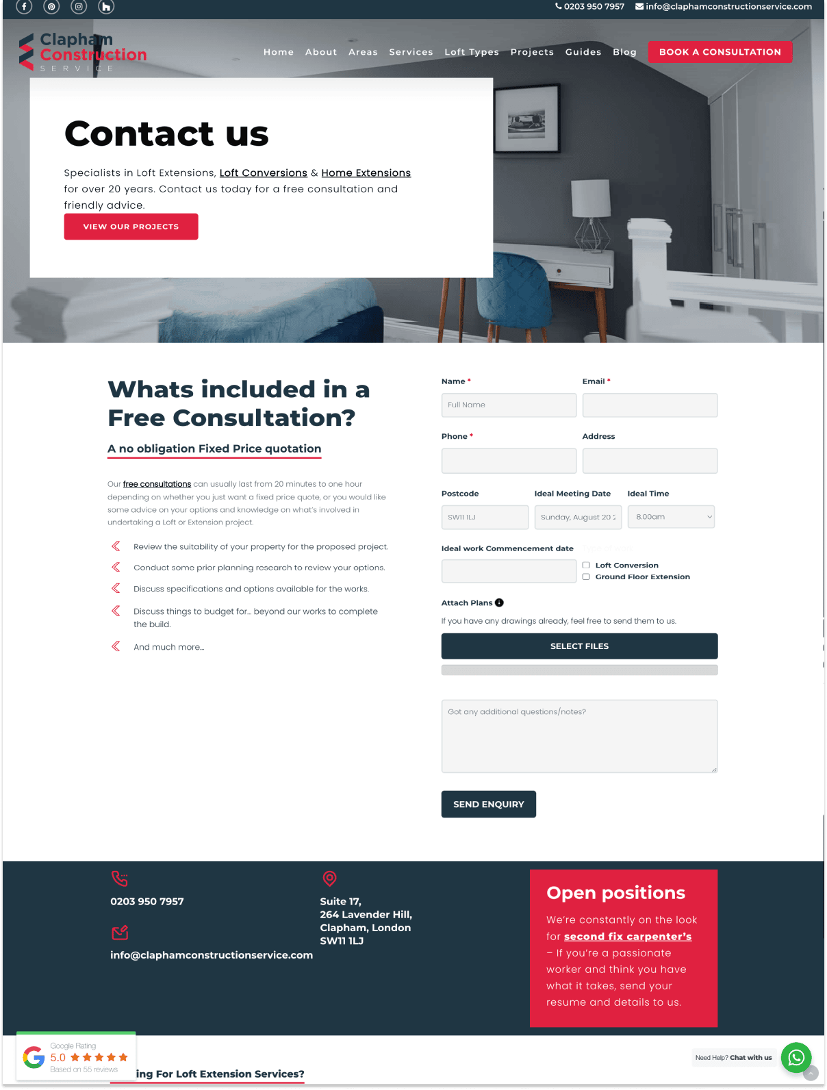 Clapham Construction service free consultation booking page