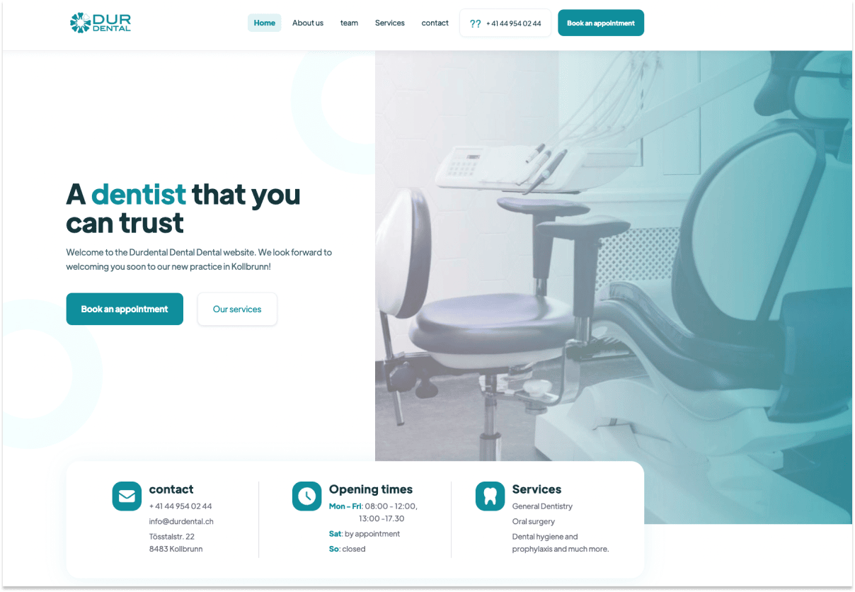 Durdental's website allows clients to book an appointment on their site