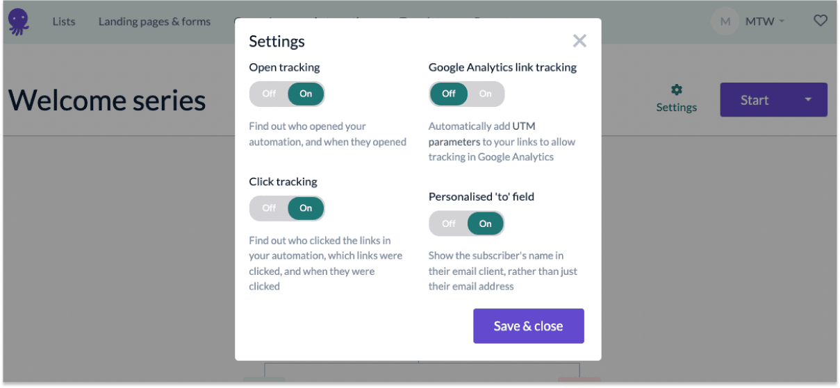 Advanced automation settings — Google Analytics link tracking, open & click tracking