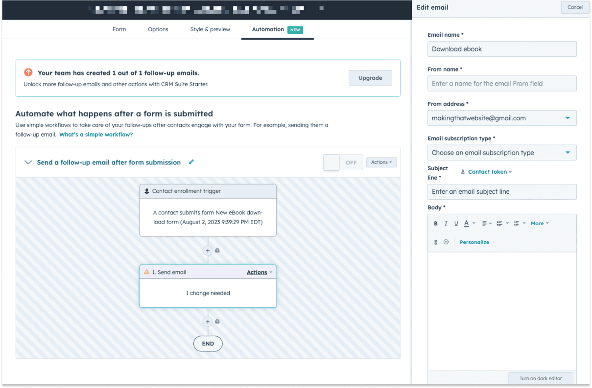 Hubspot's automated email editor