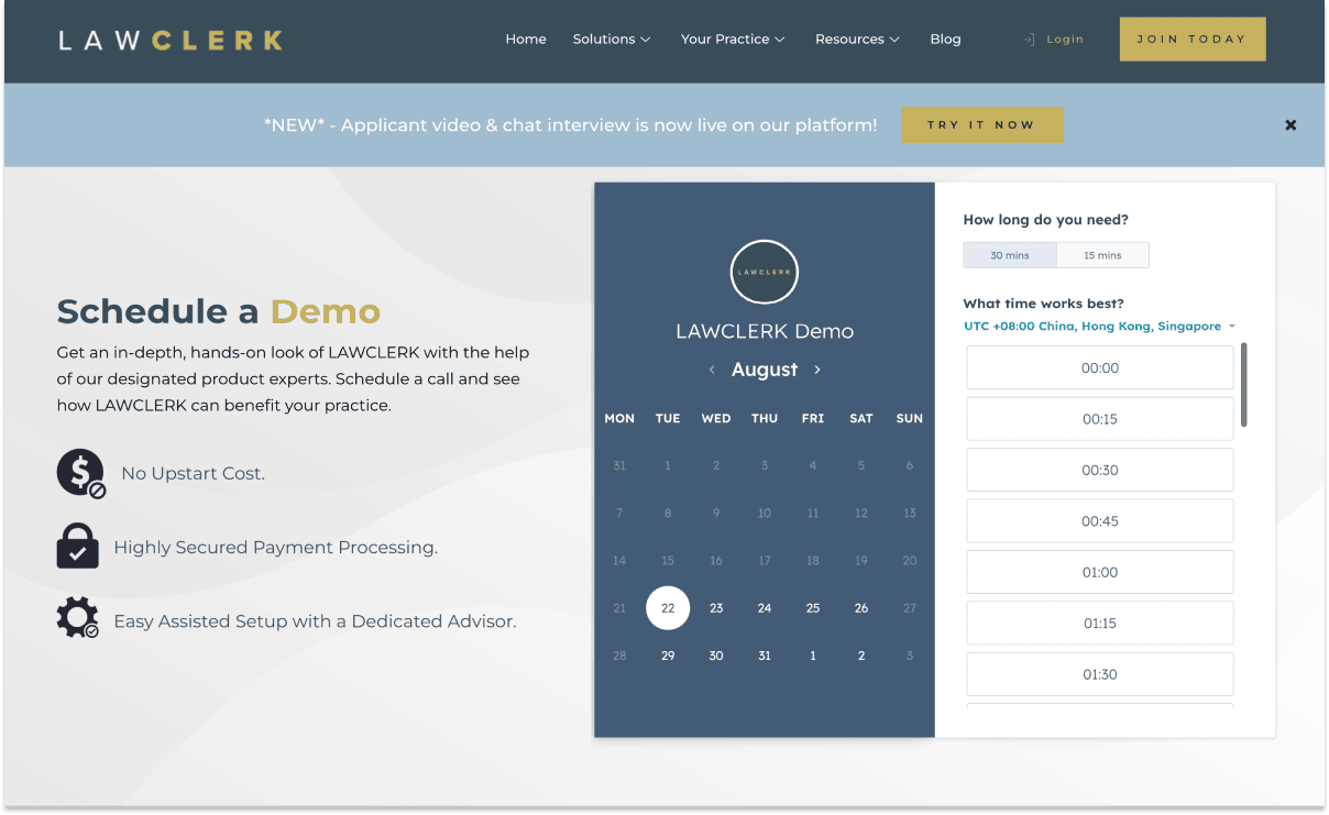 LawClerk's demo scheduling page for potential clients