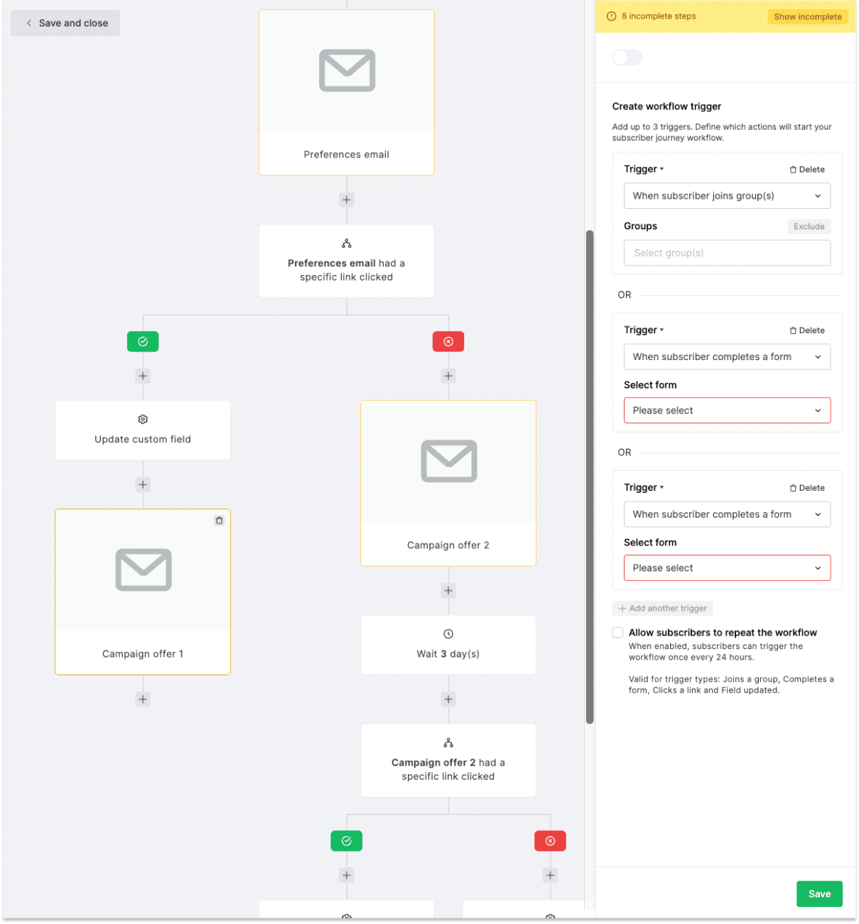 MailerLite's email automation editor