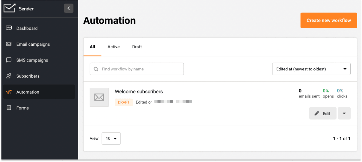 Creating a new automation workflow in Sender