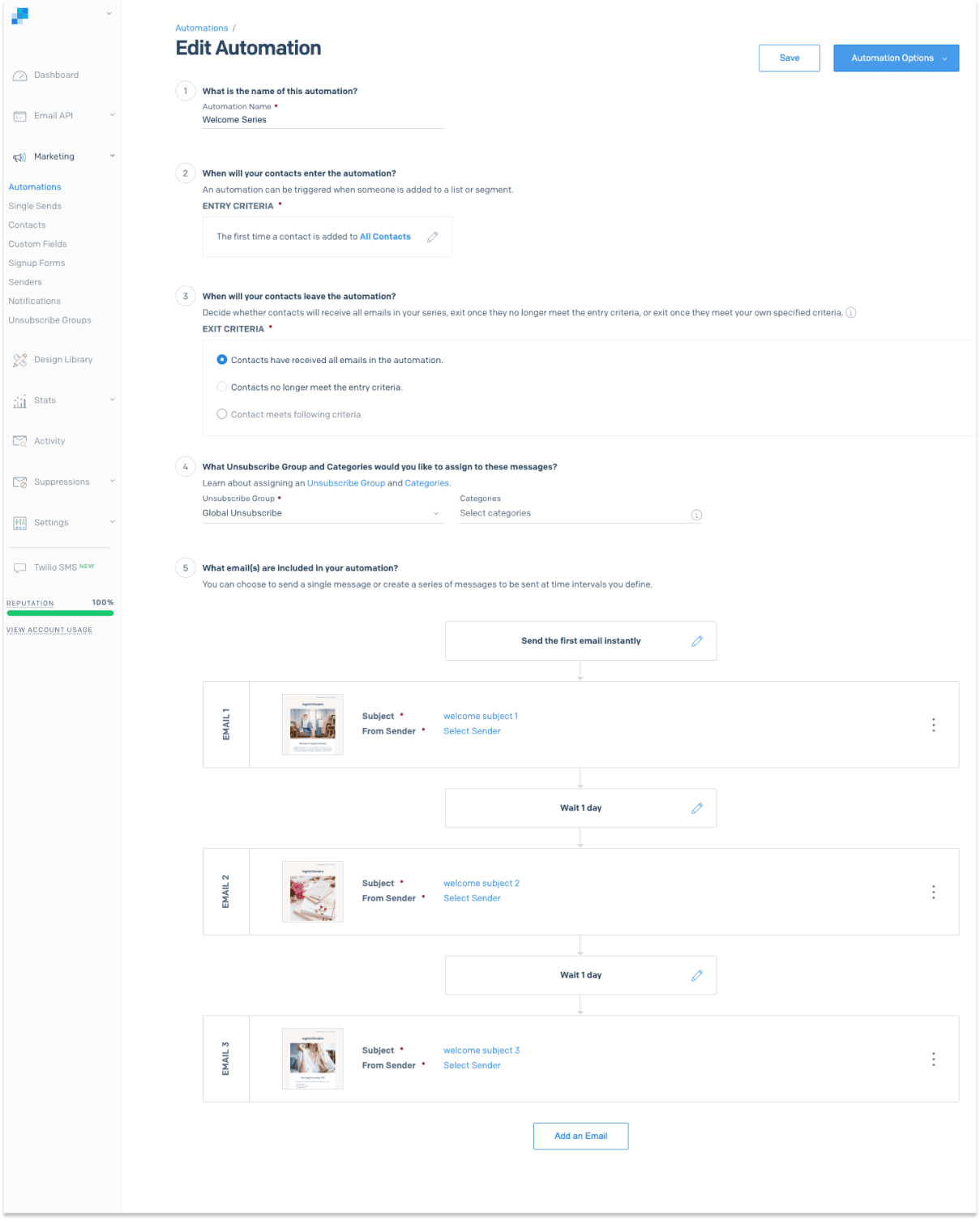 Email automation editor in SendGrid