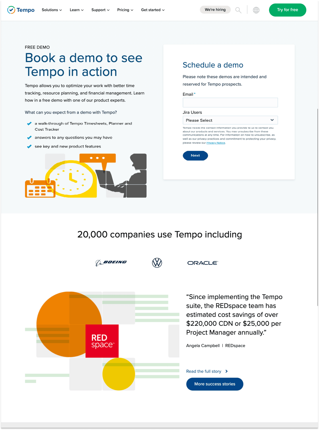 Tempo's lead generation landing page from their website