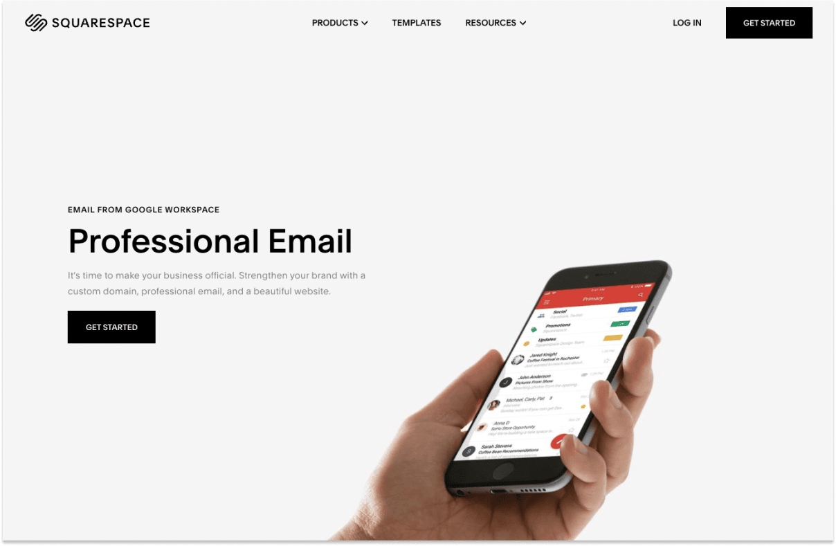 Squarespace email hosting page