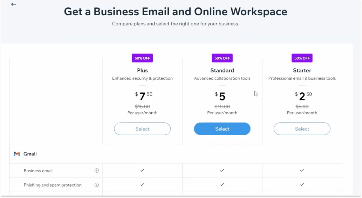 Wix business email pricing