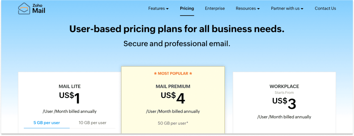 Zoho website builder email pricing