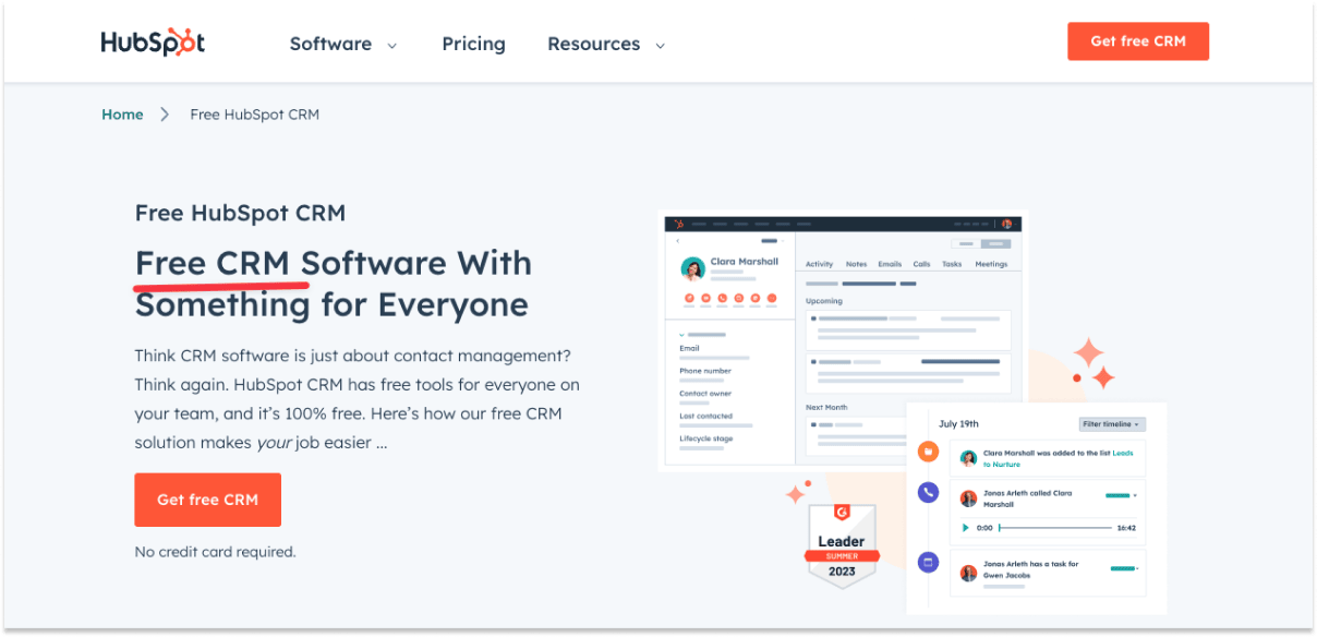 Hubspot free CRM landing page