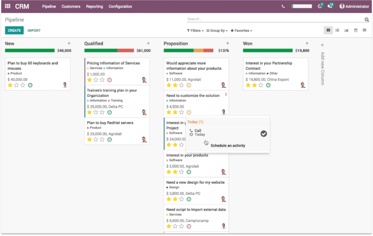 Odoo CRM deal pipeline 