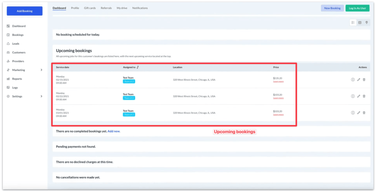 Booking Koala upcoming booking view in dashboard