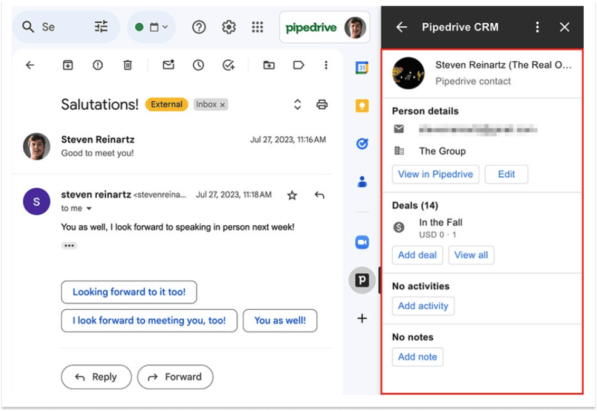 Viewing client's info and adding notes in the Pipedrive gmail sidebar