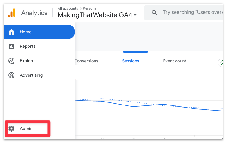 Select Admin from the Google Analytics 4 dashboard