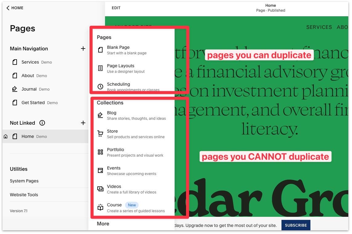 The type of pages you can duplicate in Squarespace
