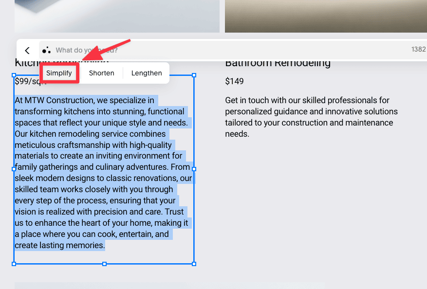 Squarespace simplify copy with AI