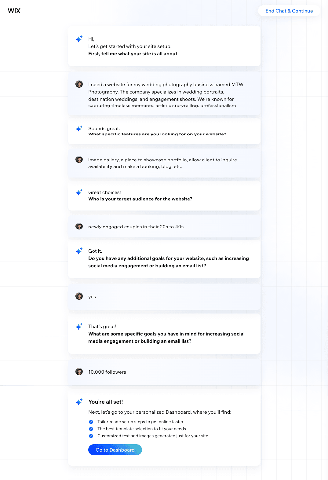 Wix AI chat-based onboarding to build a website