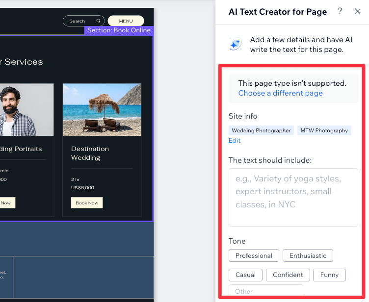 Rewriting content using Wix AI
