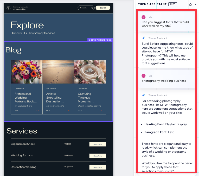 Wix AI chat based design customization