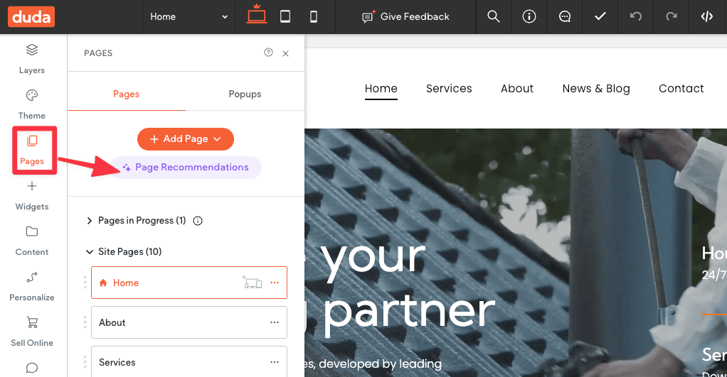 Duda AI assistant - recommended pages to build