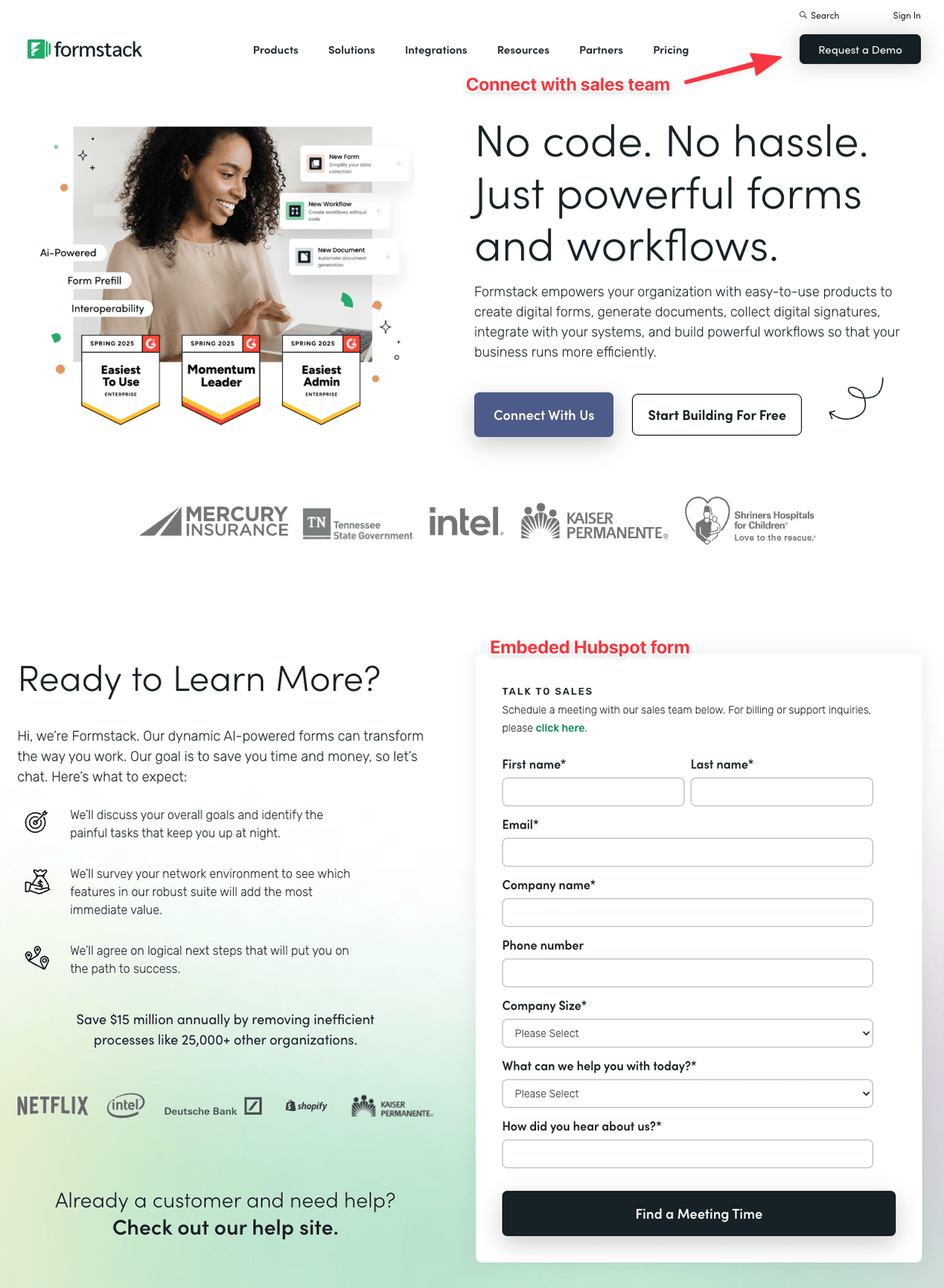 Formstack home page + contact form
