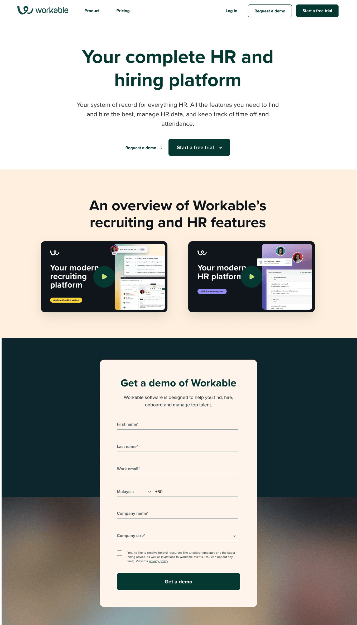Workable home page and sales contact form