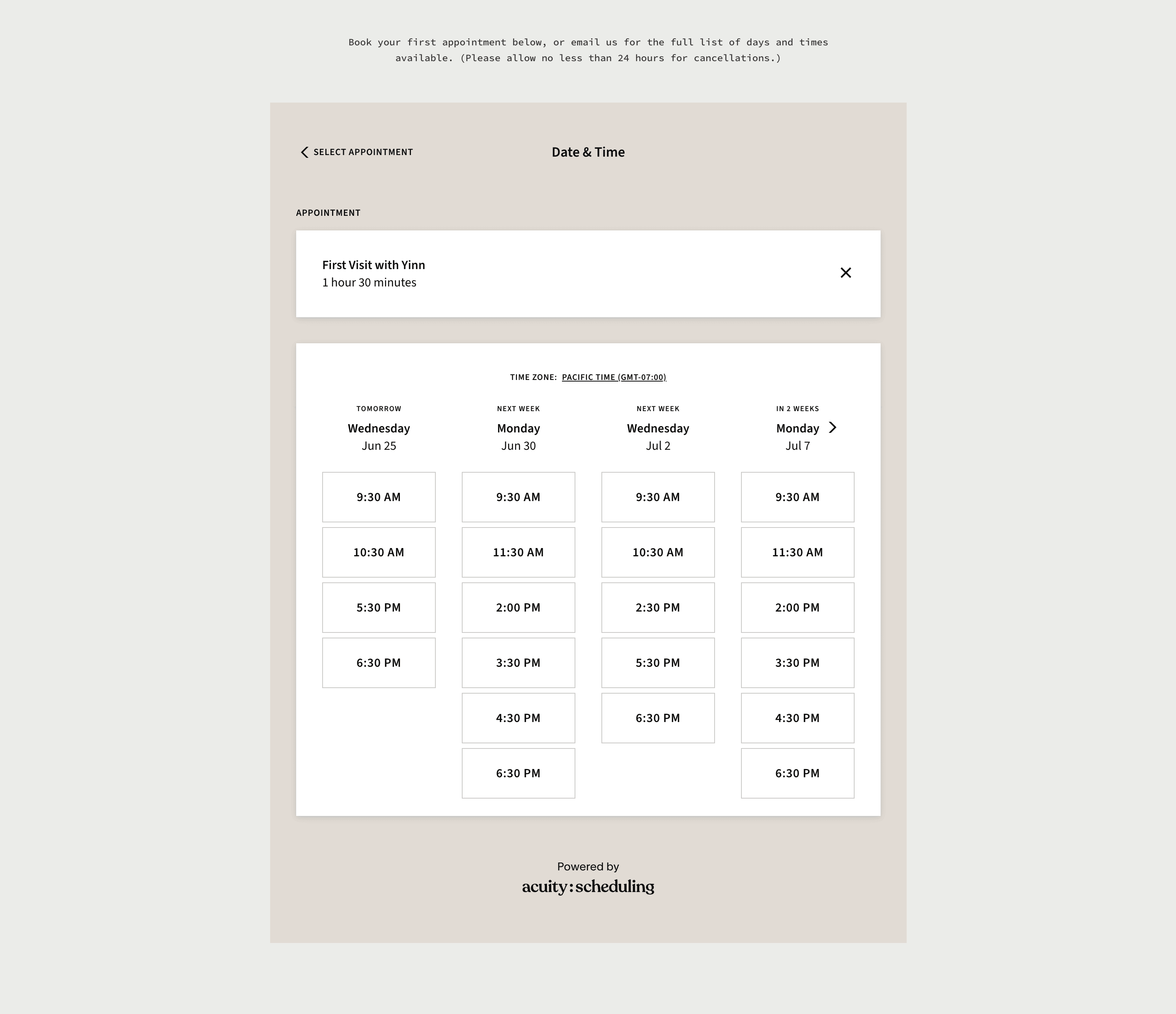 Yinn's booking page