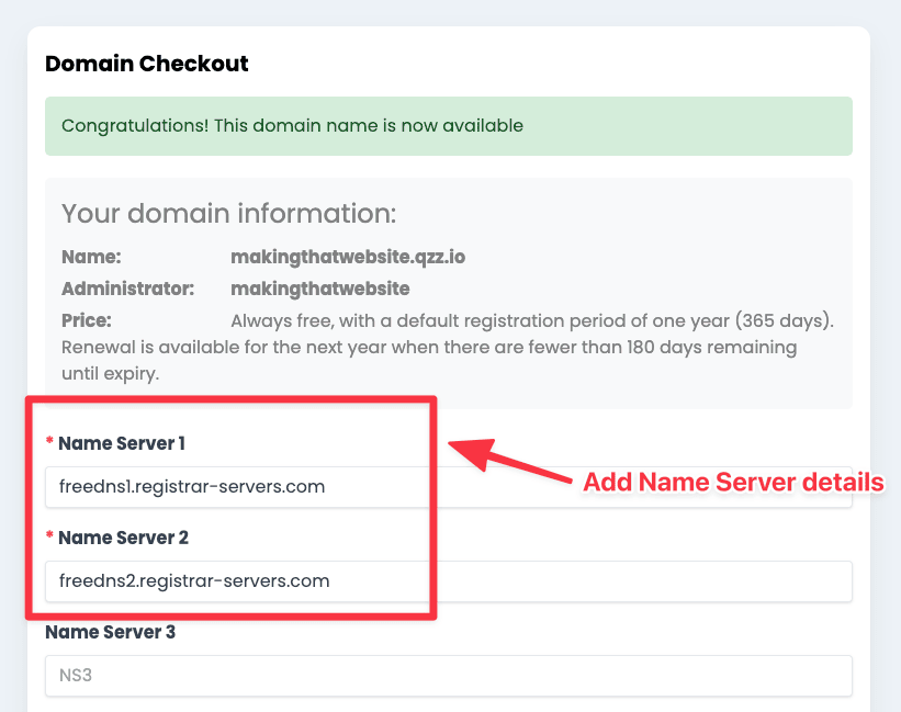 Add name server to complete domain name registration