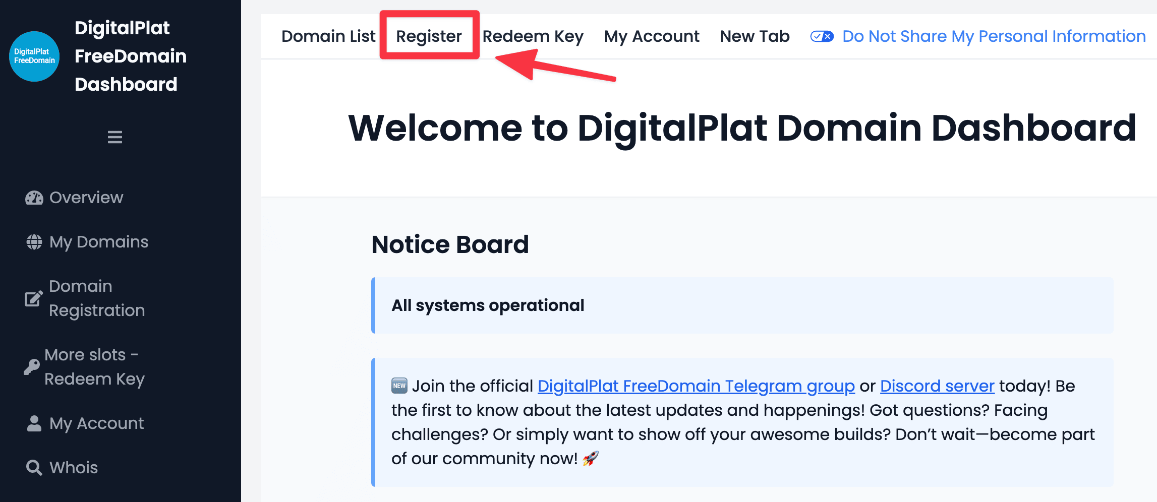 Register a new free domain on DigitalPlat