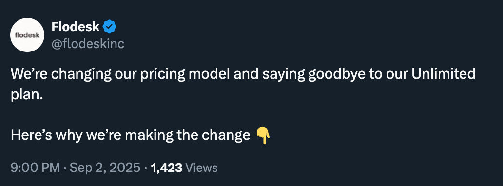 Flodesk changing their pricing (sunsetting unlimited plan) in 2025