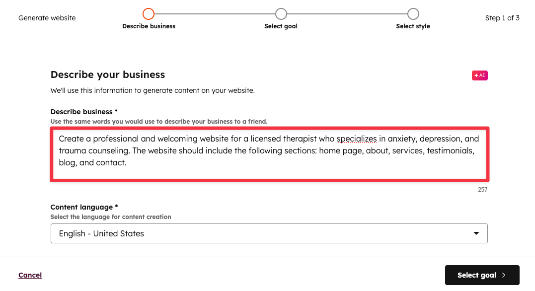 Describe your business in Hubspot's free AI website builder