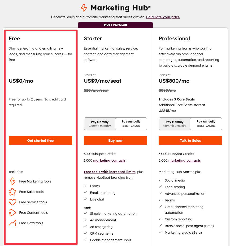 Hubspot Marketing Hub includes free tools like a custom website, payment processing with Stripe, email automation, and other marketing tools.