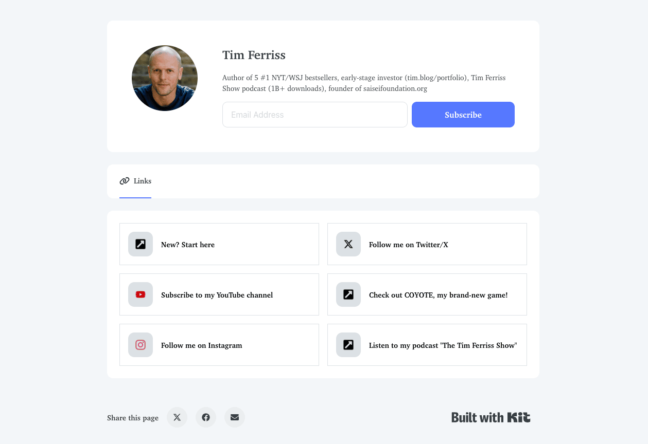 Tim Ferriss' Kit's profile
