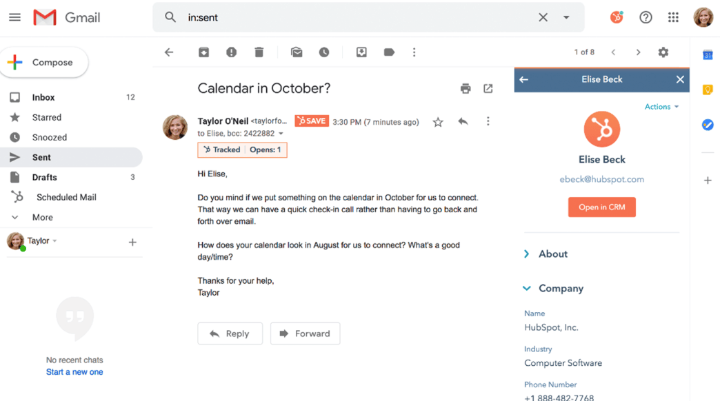 Hubspot Gmail sidebar