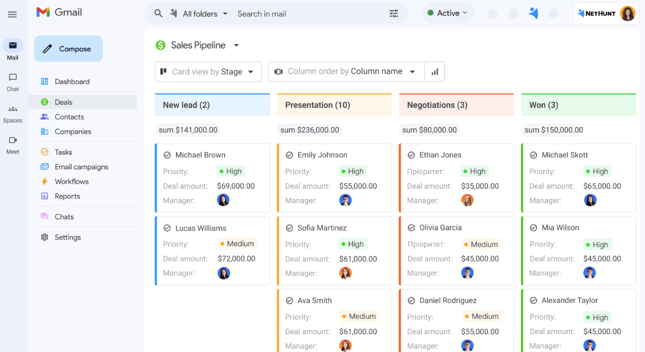 Nethunt Gmail dashboard