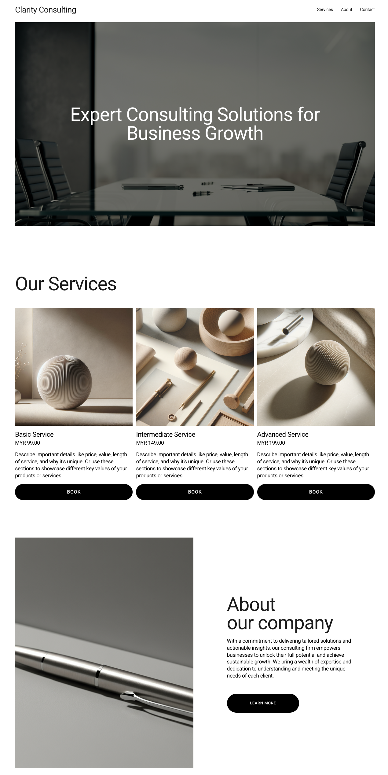 A finished Squarespace business site showing clean typography, generous whitespace, and a polished professional layout