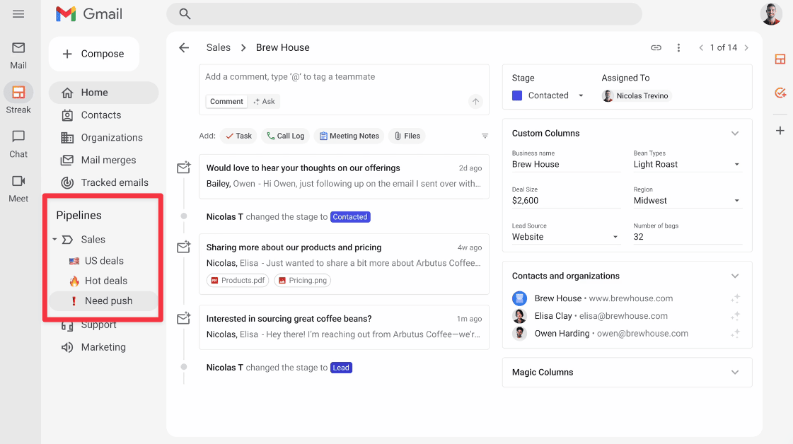 Streak Gmail pipeline