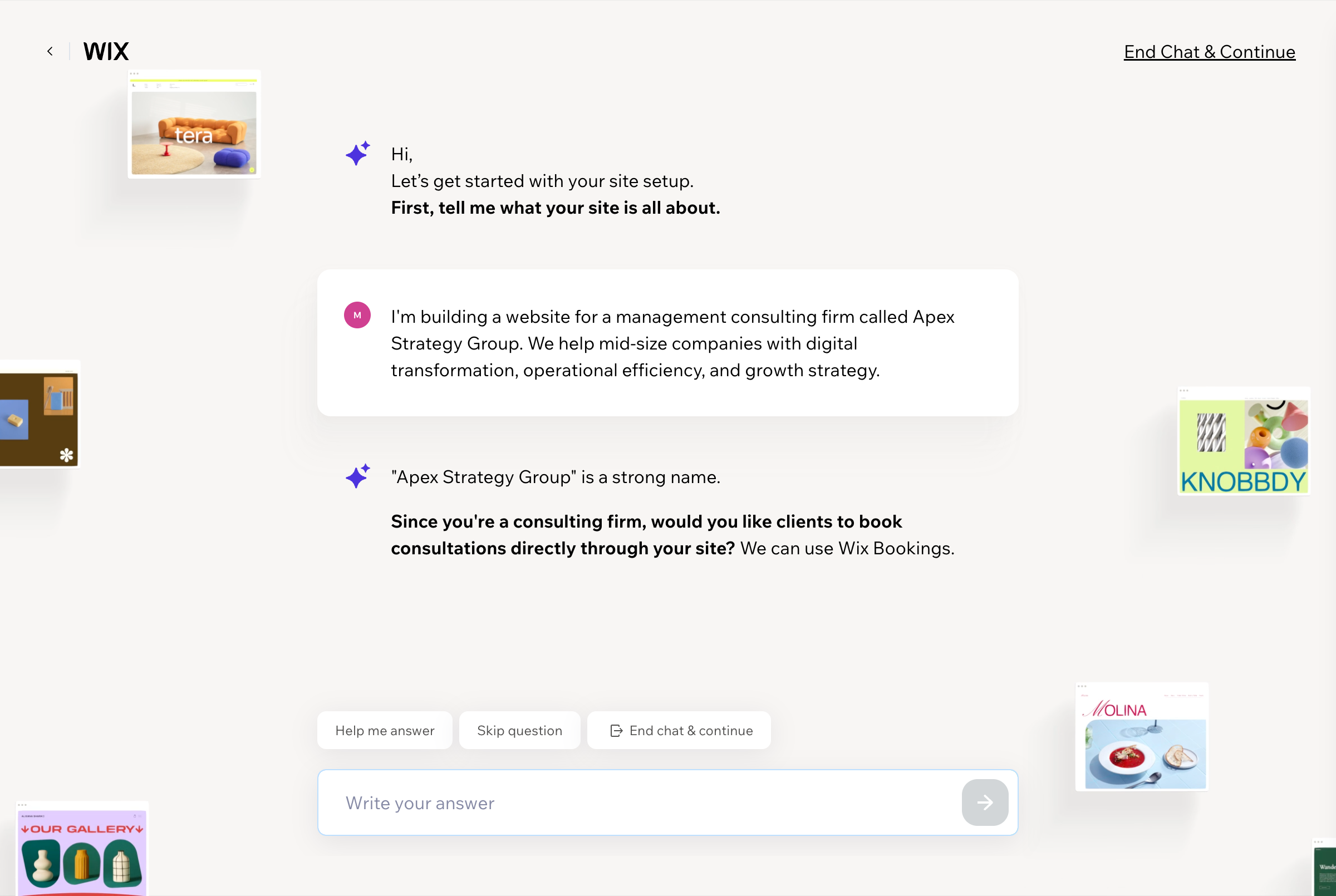 Wix AI builder chat interface where you describe your business to generate a website