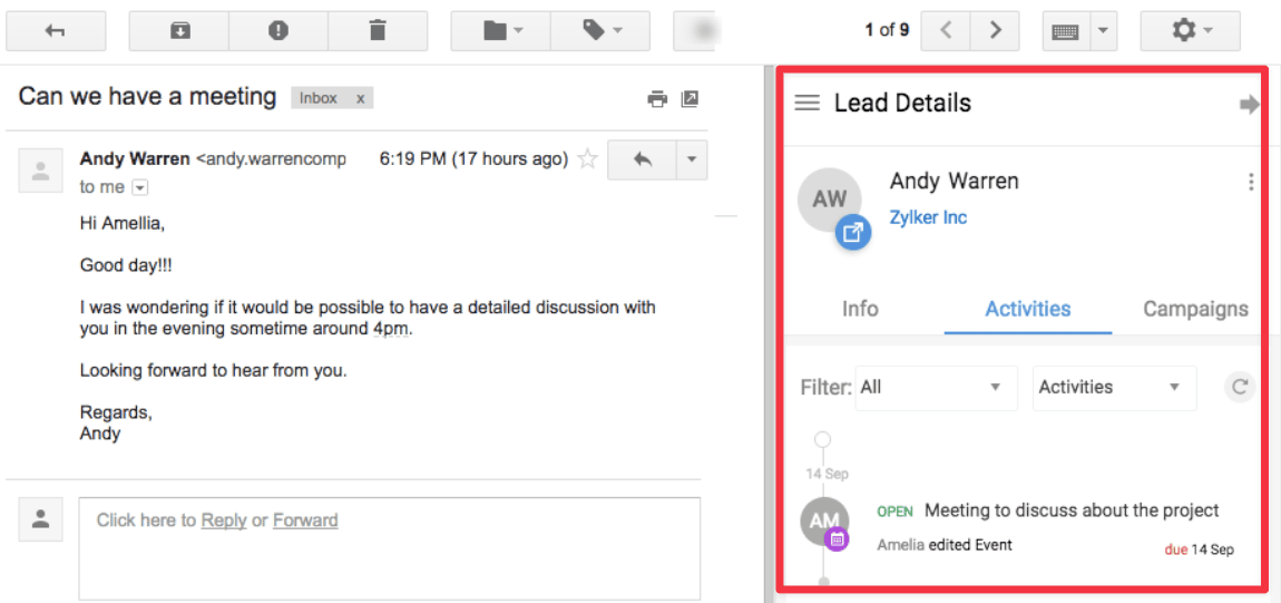 Zoho lead details in Gmail sidebar