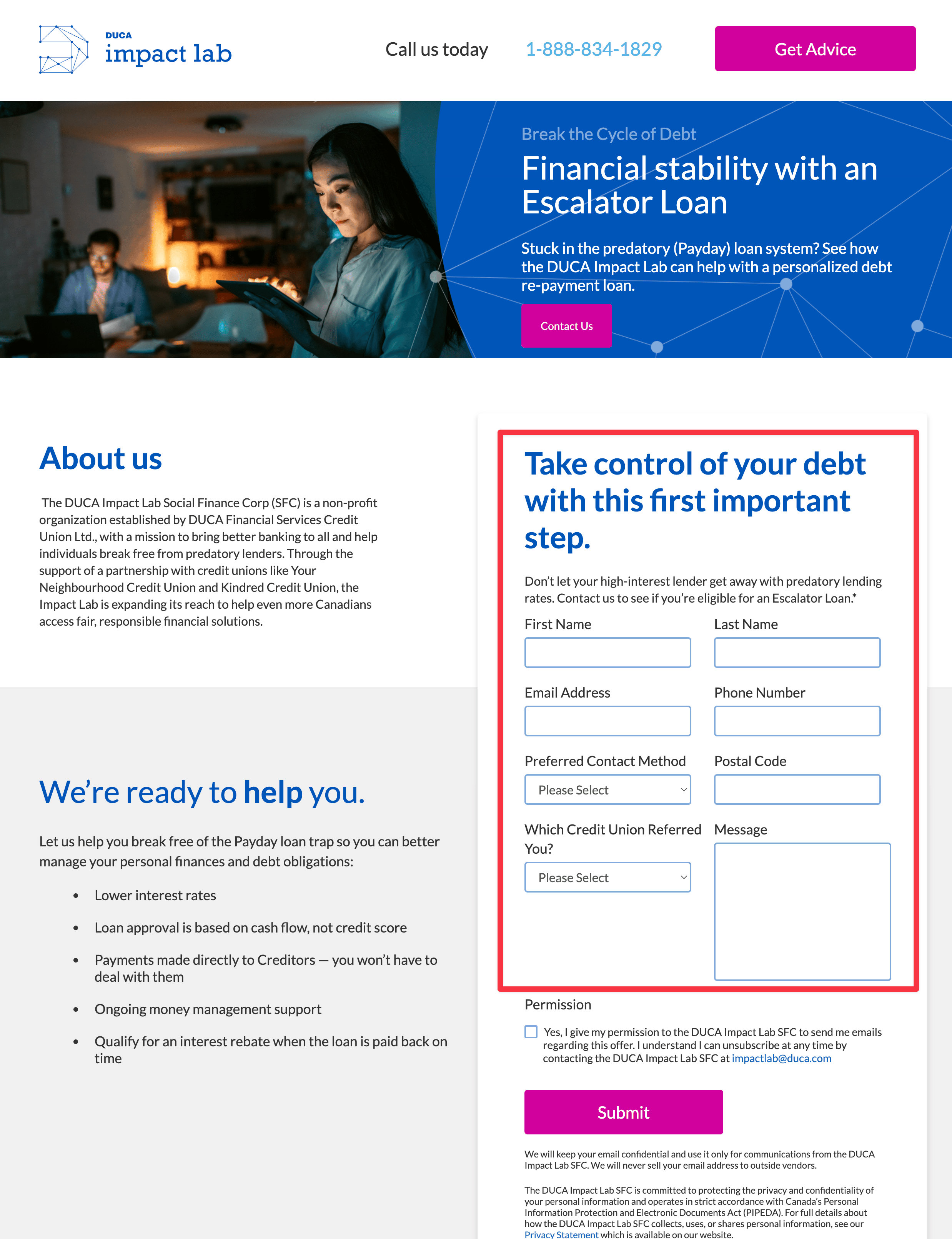 DUCA Escalator Loan landing page